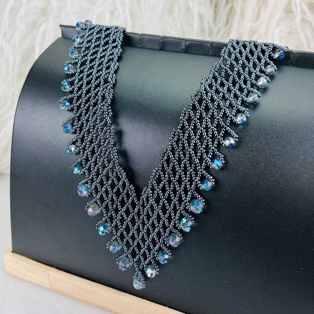 Beautiful beaded, long, blueish gray, reflective statement, necklace - Picture 5 of 9